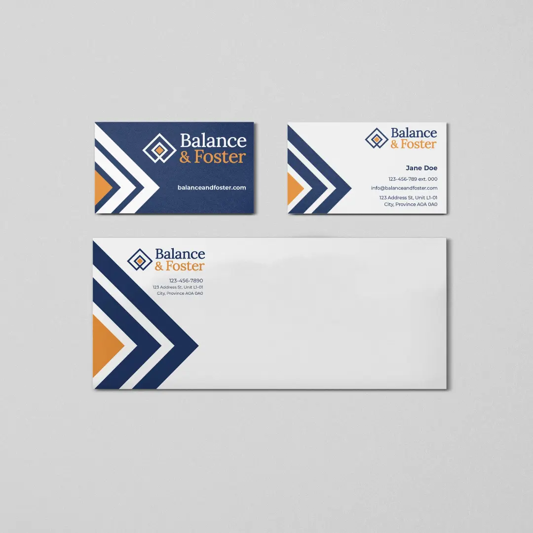 An image of branding and a new logo of Balance and Foster on business cards and envelopes